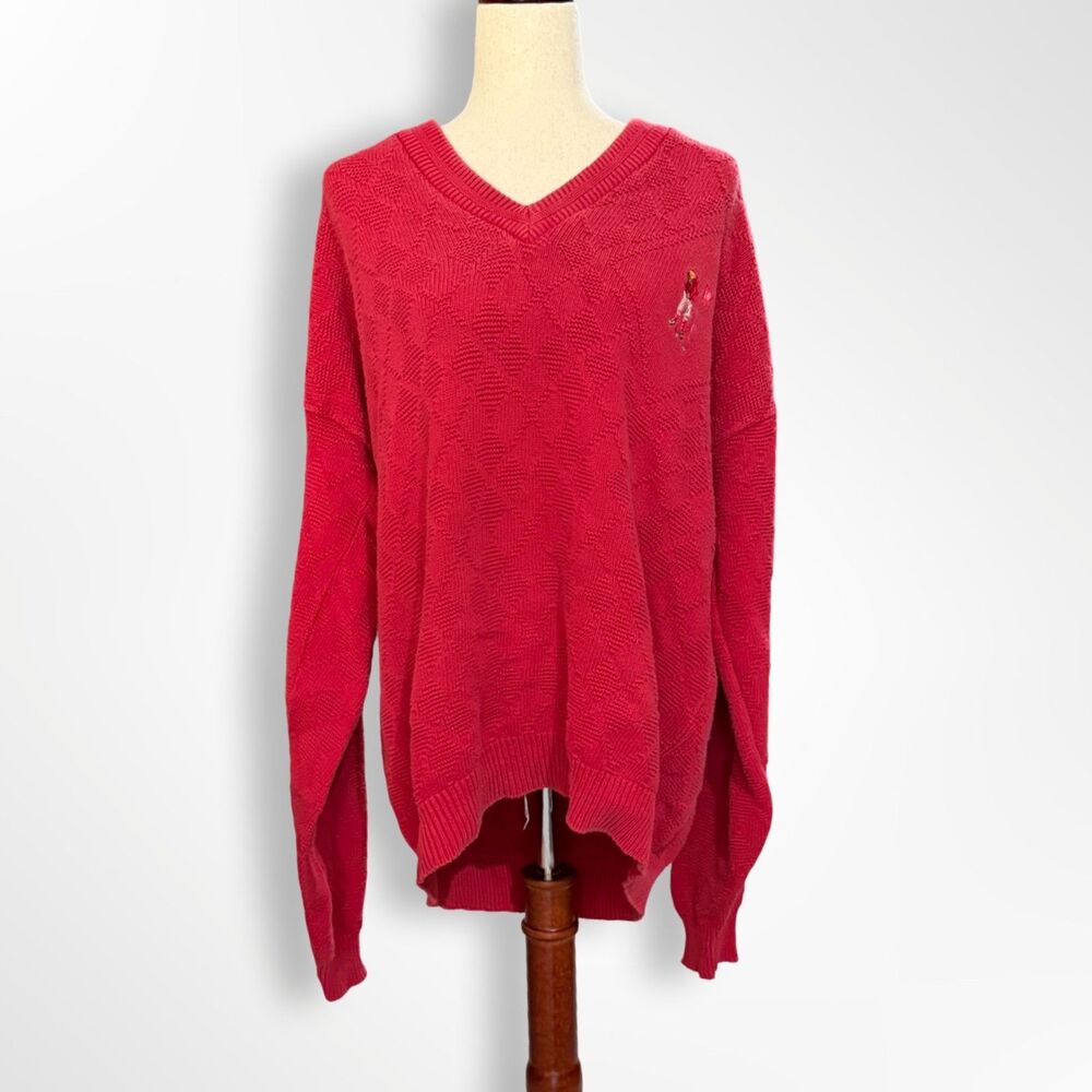 Vintage Scottish Isle by Bernette Red V-Neck Embroidered Golf Sweater, L,  80s